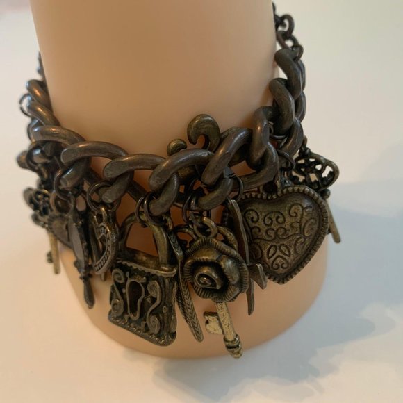 Multi Charm Bracelet Dark Gold Tone 7″ - Picture 2 of 13